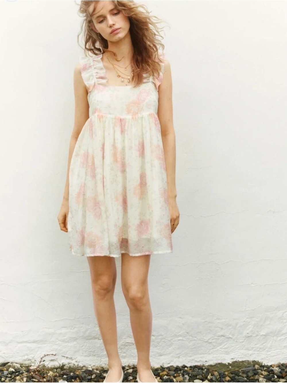 H&M Floral Ruffle-Shoulder Mini Dress in Pale Pink and Cream
